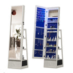 360°Swivel Jewelry Cabinet with Full Length Mirror, 360°Rotating Standing Jewelry Armoire Organizer, Lockable Storage Cabinet, Interior Lighted Mirror and Storage Drawers, White