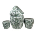 Kerry Accent Planter Pot Set of 4, Green Floral Pattern, White Ceramic