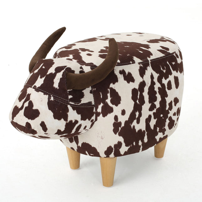 Cow-Shaped Modern Ottoman Footstool in Brown and White Fabric with Velvet Horns