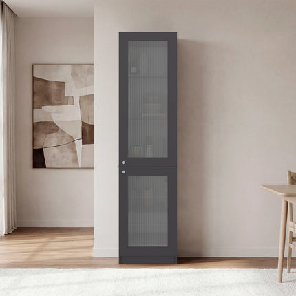 Tall Bookcase 71' H with 2 Fluted Panel Doors and Five Interior Shelves, Matt Gray/White
