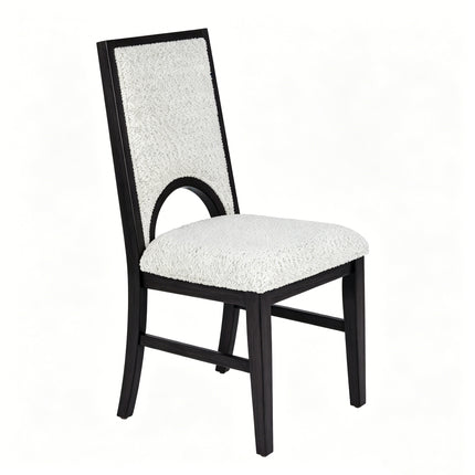 Set of 2 Modern Dining Chairs Upholstered Seat and Back Black Wood Frame White Fabric Arched Back Kitchen Chairs