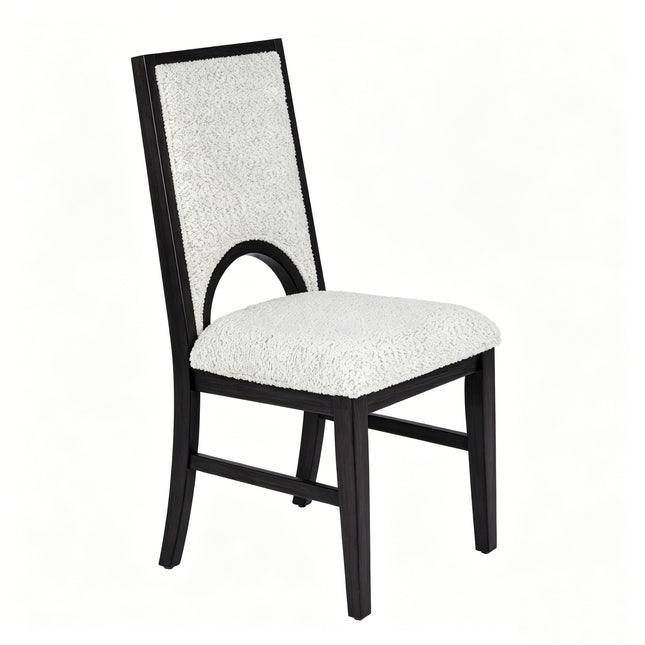 Set of 2 Modern Dining Chairs Upholstered Seat and Back Black Wood Frame White Fabric Arched Back Kitchen Chairs