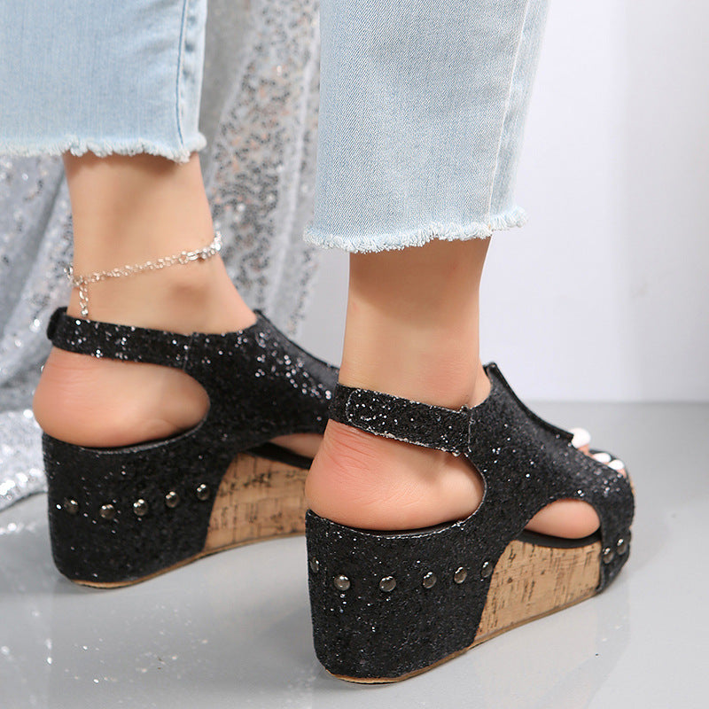 Summer Chunky Wedges Sandals Fashion Sequins Velcro Shoes Women - Eloy Royal