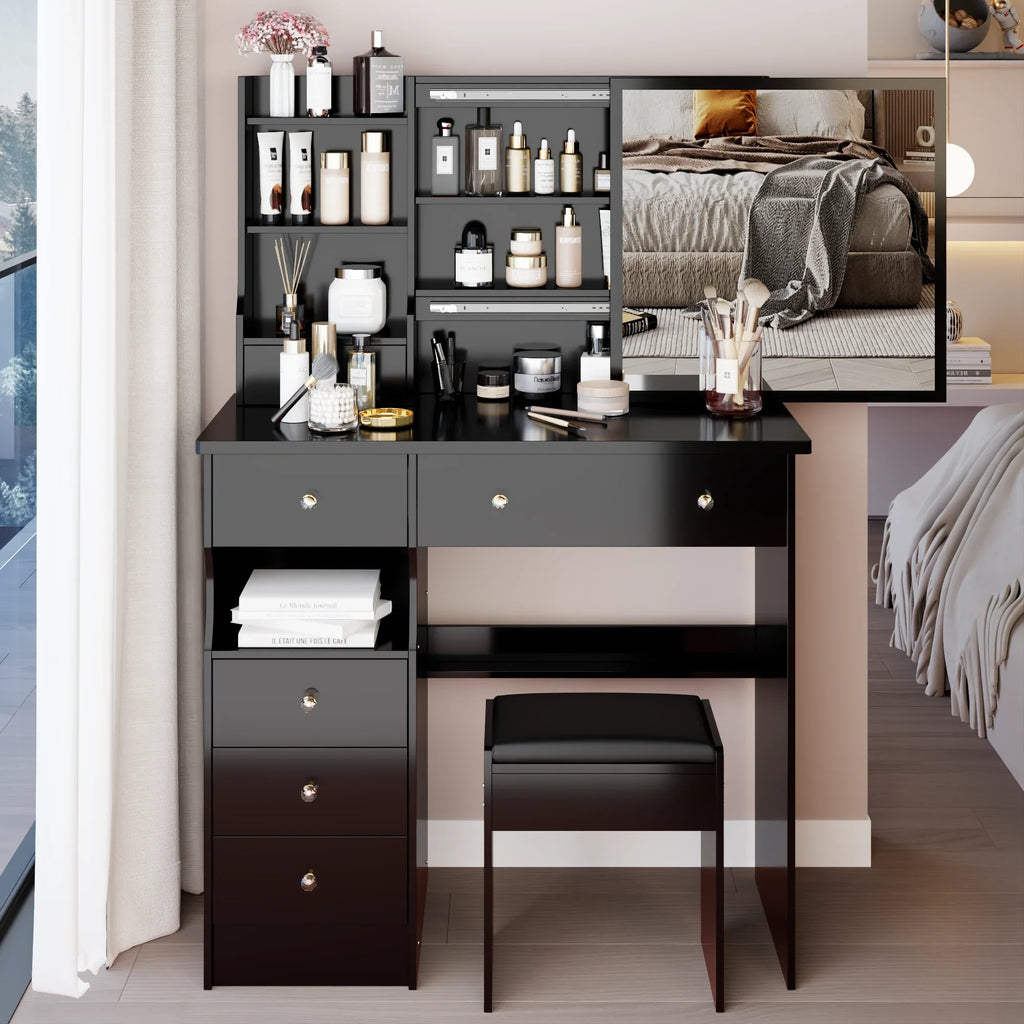 37' Middle Size Left Drawer Desktop Vanity Table + Cushioned Stool, Extra Large Right sliding mirror, Multi Layer High Capacity Storage, Practical Fashionable Dresser, Suitable For Large Space - Eloy Royal