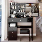 37' Middle Size Left Drawer Desktop Vanity Table + Cushioned Stool, Extra Large Right sliding mirror, Multi Layer High Capacity Storage, Practical Fashionable Dresser, Suitable For Large Space - Eloy Royal