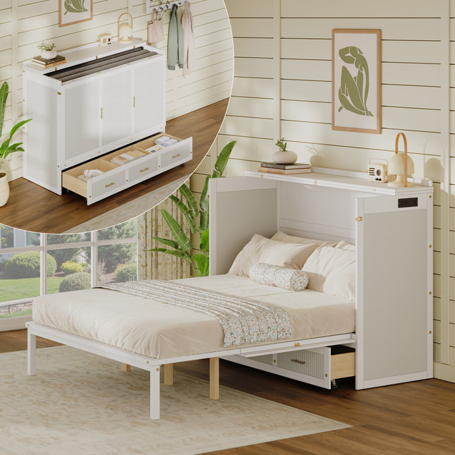 Multifunctional Murphy Bed Cabinet with USB Charging Station, Queen Size Vertical Foldaway Bed with Drawers, Space Saving Hidden Wall Bed with Safety Lock & Anti-Tip Device, White.