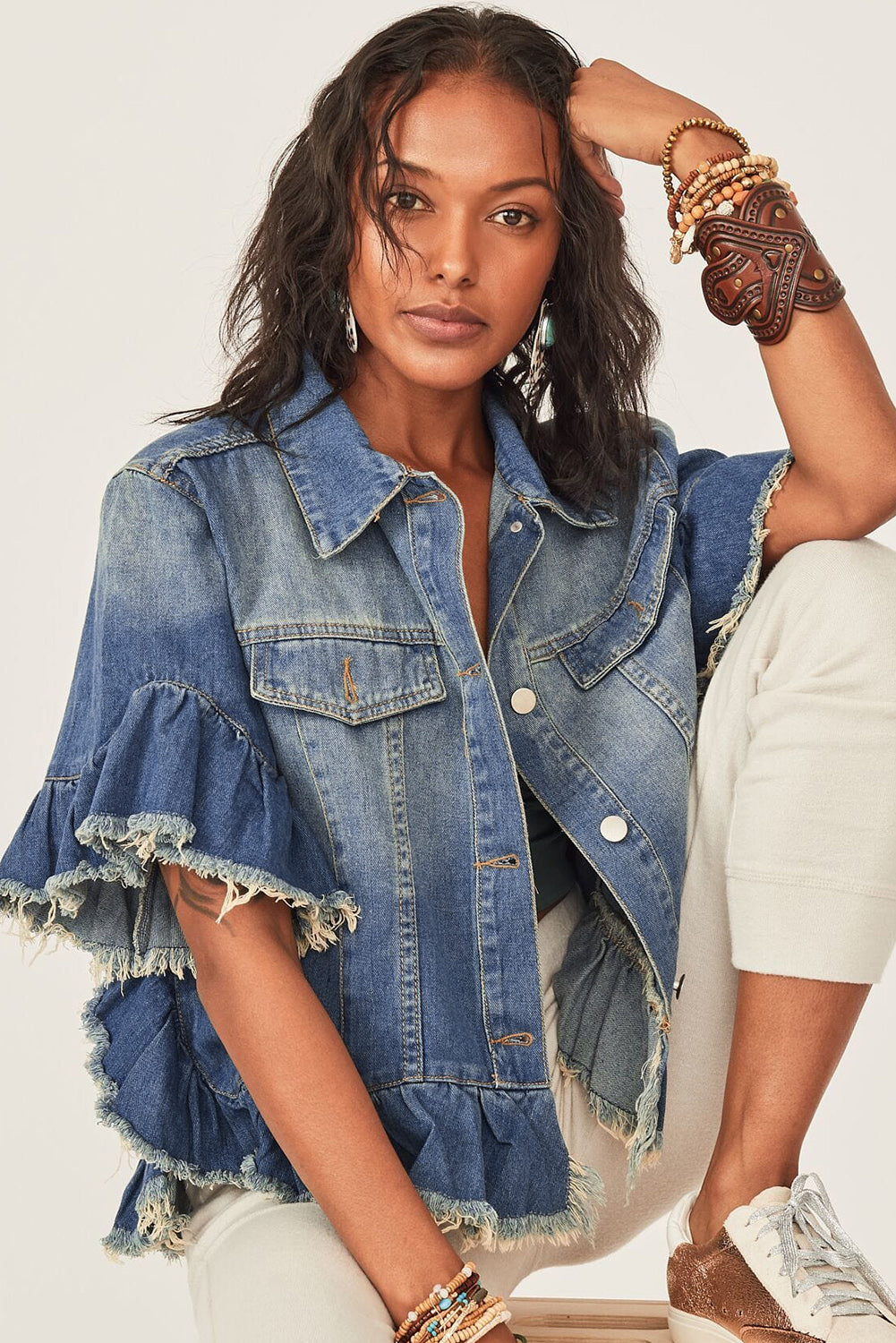 Peacock Blue Raw Edge Bell Short Sleeve Denim Jacket - Eloy Royal