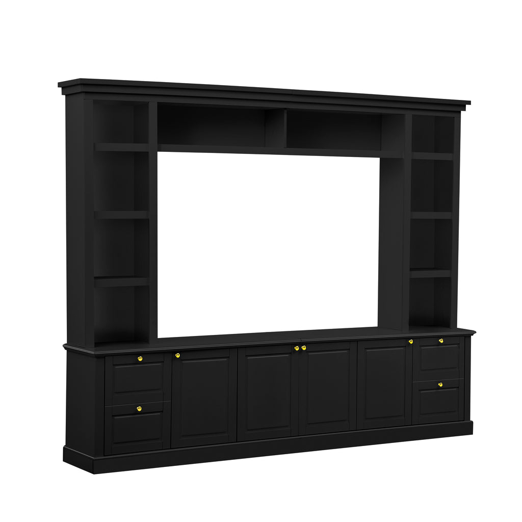 Modern All-in-One TV Stand with Bookcase for TVs up to 70 inch, Black MDF Entertainment Center with 3 Adjustable Shelves, Living Room Display Storage Cabinet