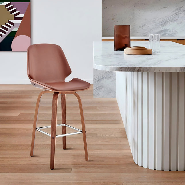 Belora 26' Brown Faux Leather and Walnut Wood Swivel Bar Stool
