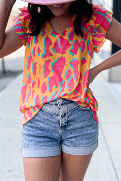 Orange Abstract Print V Neck Ruffled Sleeve Blouse - Eloy Royal