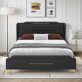 Queen Size Leather Bed frame with Wingback Headboard & Footboard, PU Upholstered Platform bed, Solid Wooden Slats Support, Easy Assembly