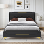 Queen Size Leather Bed frame with Wingback Headboard & Footboard, PU Upholstered Platform bed, Solid Wooden Slats Support, Easy Assembly