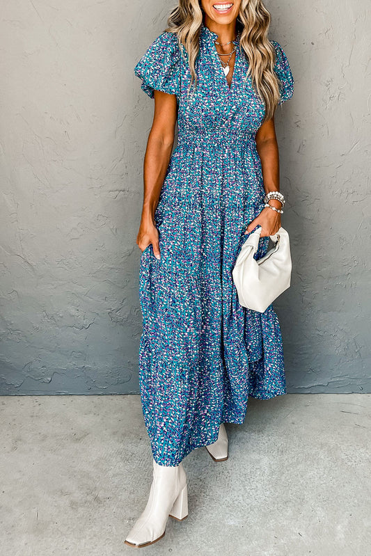 Blue Abstract Print Split V Neck Shirred High Waist Maxi Dress - Eloy Royal