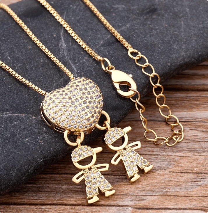 Fashion Jewelry Son Daughter Heart Gold Color Cubic Zirconia Family Girl Boy Pendant Necklace Chain Jewelry For Mother Gift