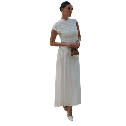 Women's Pleated Round Neck Sleeveless Irregular Dress