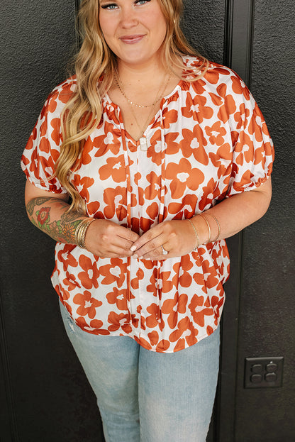 Orange Plus Size 60s Floral Print Drawstring V Neck Short Sleeve Blouse - Eloy Royal