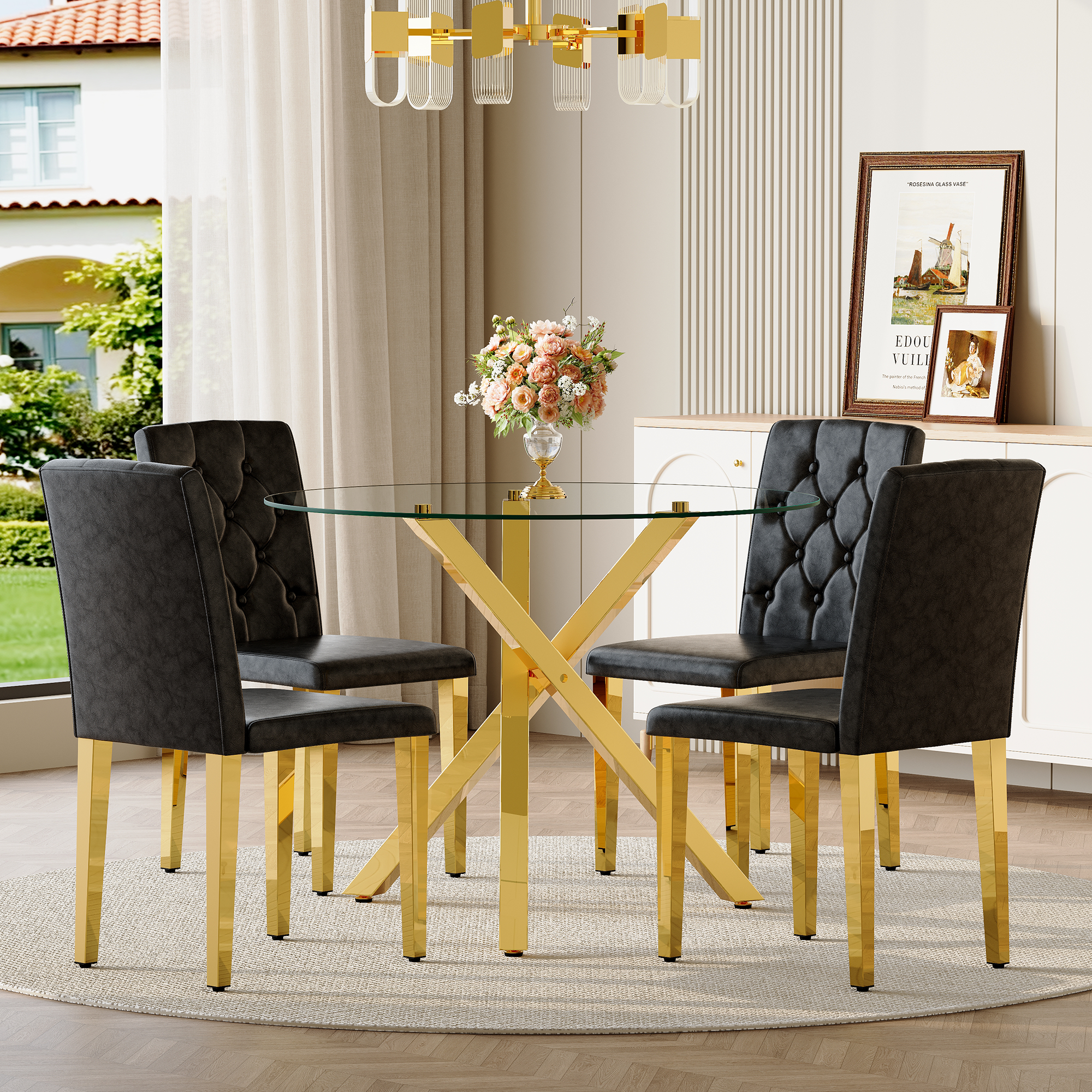 Table and chair set.Modern glass round table: 39 inch diameter, X-shaped golden metal bracket. Paired with 4 BLACK PU dining chairs with ergonomic buckle backrest.Suitable for restaurants, kitchens.