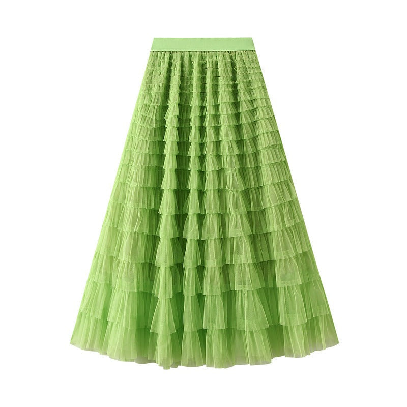 A-Line Mesh Ruffle Skirt Women's Temperament Sweet Long Skirt Slim Cupcake Dress Womens Clothing.