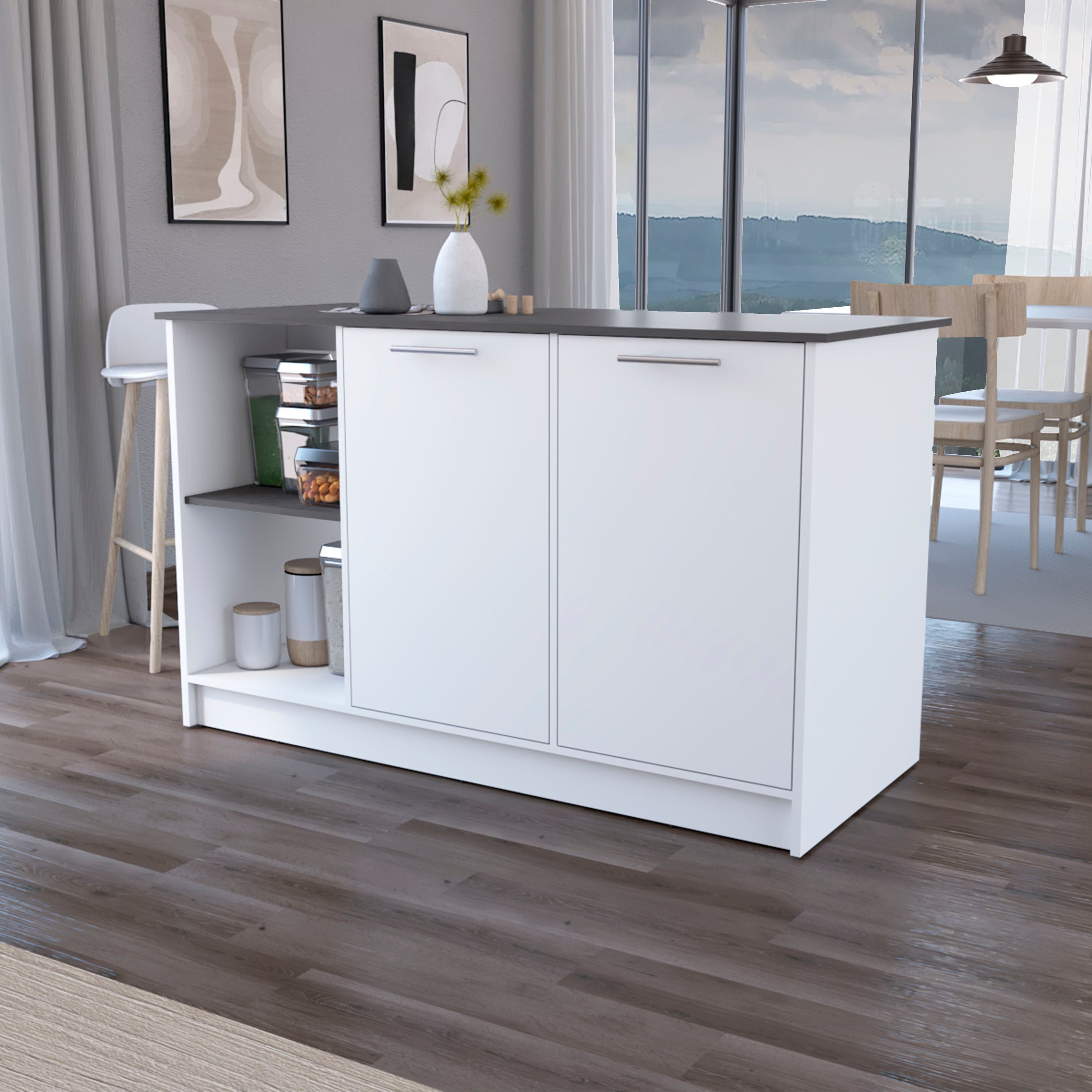 Mercury Kitchen Island with spacious Countertop, Double Door Cabinets, and 2 Open Storage Shelves