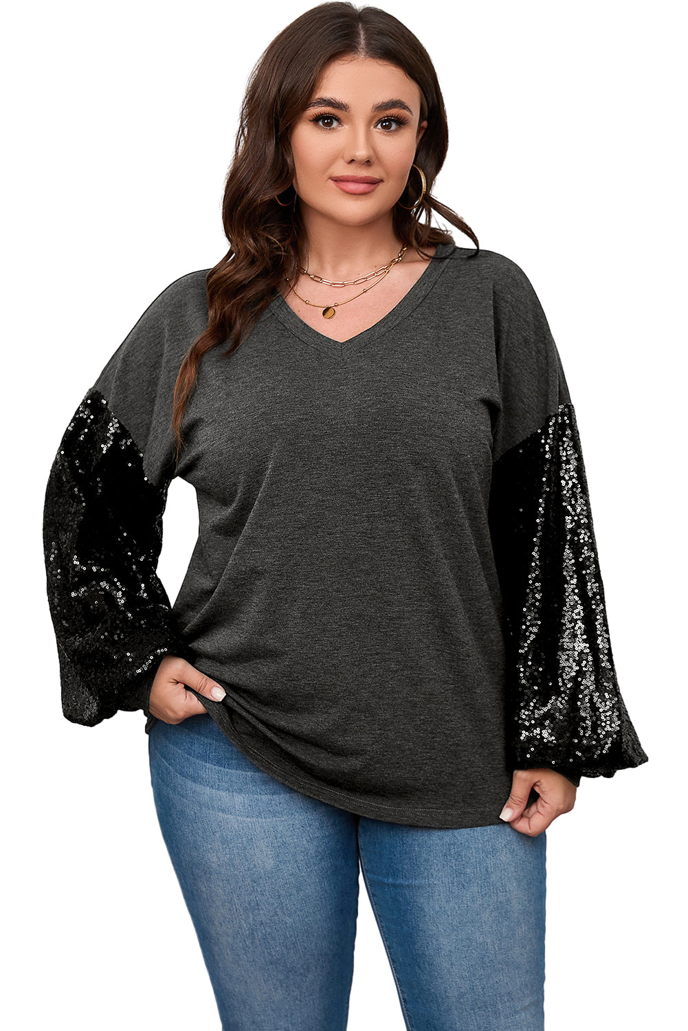 Wholesale Black Plus Size Sequin Bubble Sleeve V Neck Knit Top - Eloy Royal