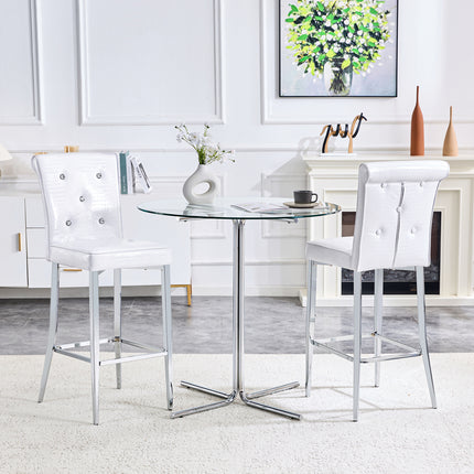 Modern 3-Piece Bar Height Dining Set, Clear Round Glass Table with Silver Metal Base & 2 White Upholstered Bar Stools with Crocodile Pattern, Kitchen Island Breakfast Nook Set