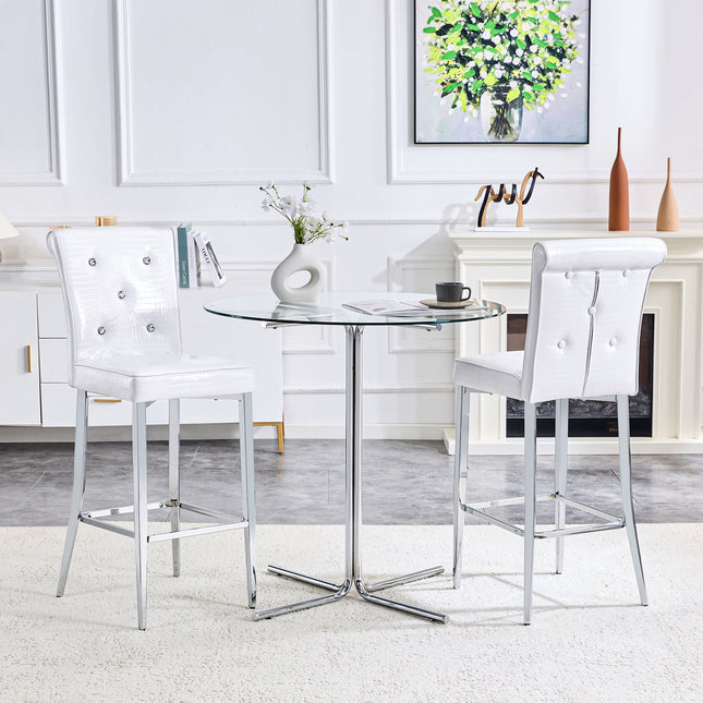 Modern 3-Piece Bar Height Dining Set, Clear Round Glass Table with Silver Metal Base & 2 White Upholstered Bar Stools with Crocodile Pattern, Kitchen Island Breakfast Nook Set