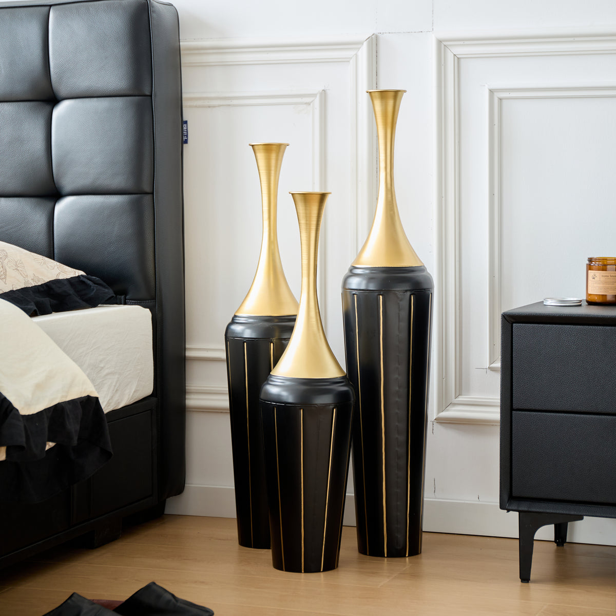 3-Piece Modern Floor Vase Set, Handcrafted Metal, 27.56' 31.5' 35.43' Tall, Black & Gold Decorative Vases for Entryway, Living Room, Home Decor, Not Waterproof