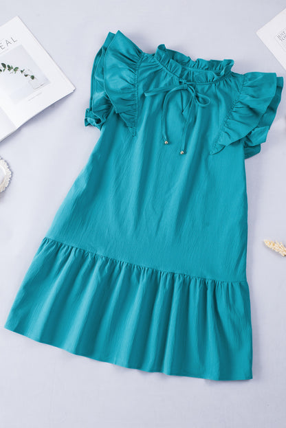 Green Tiered Ruffled Drawstring V Neck Short Dress With Pockets - Eloy Royal