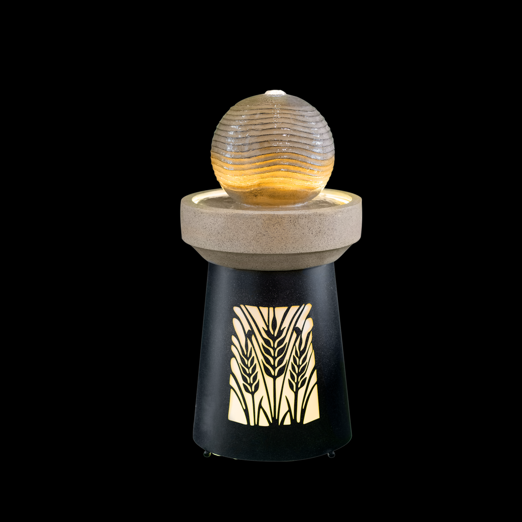 Modern Outdoor Water Fountain, Warm LED Light, Resin Sphere & Black Iron Base, 32.1' H