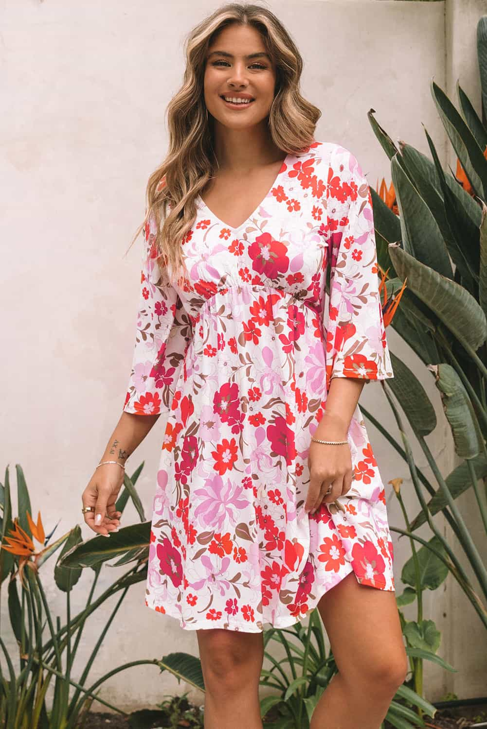 White Floral Print V Neck Flutter Half Sleeve Empire Waist Dress - Eloy Royal