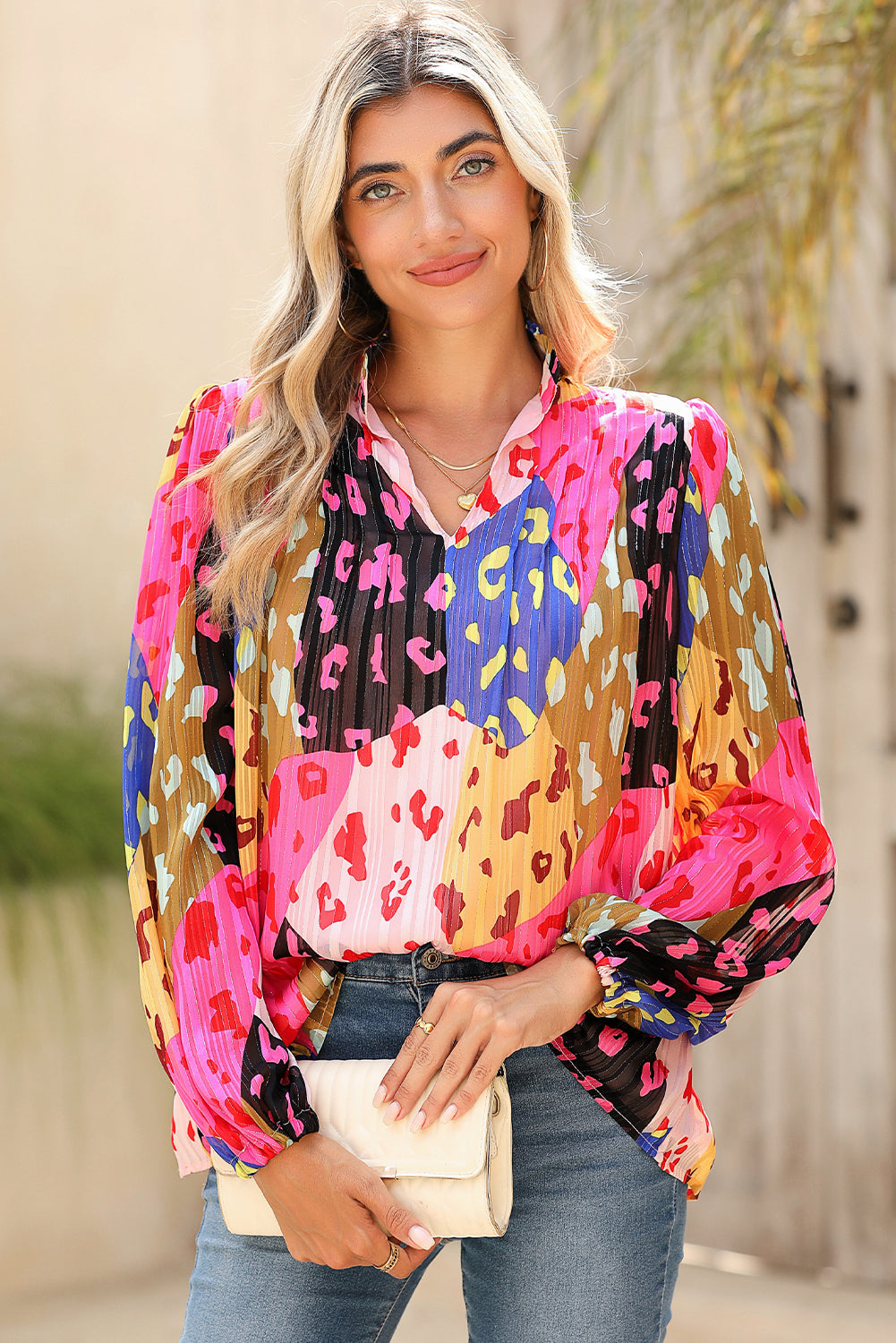 Rose Leopard Print Puff Sleeve Crinkle Blouse - Eloy Royal