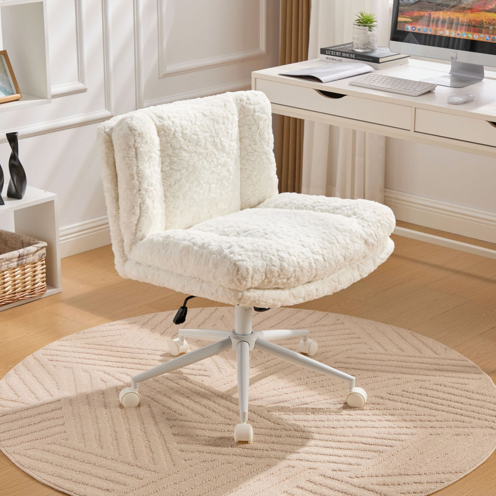 W26.4 inch  Wider Seat Office Chair,Artificial rabbit hair Home Office Chair with Metal Base,Adjustable Desk Chair Swivel Office Chair,Vanity Chair(Cream)