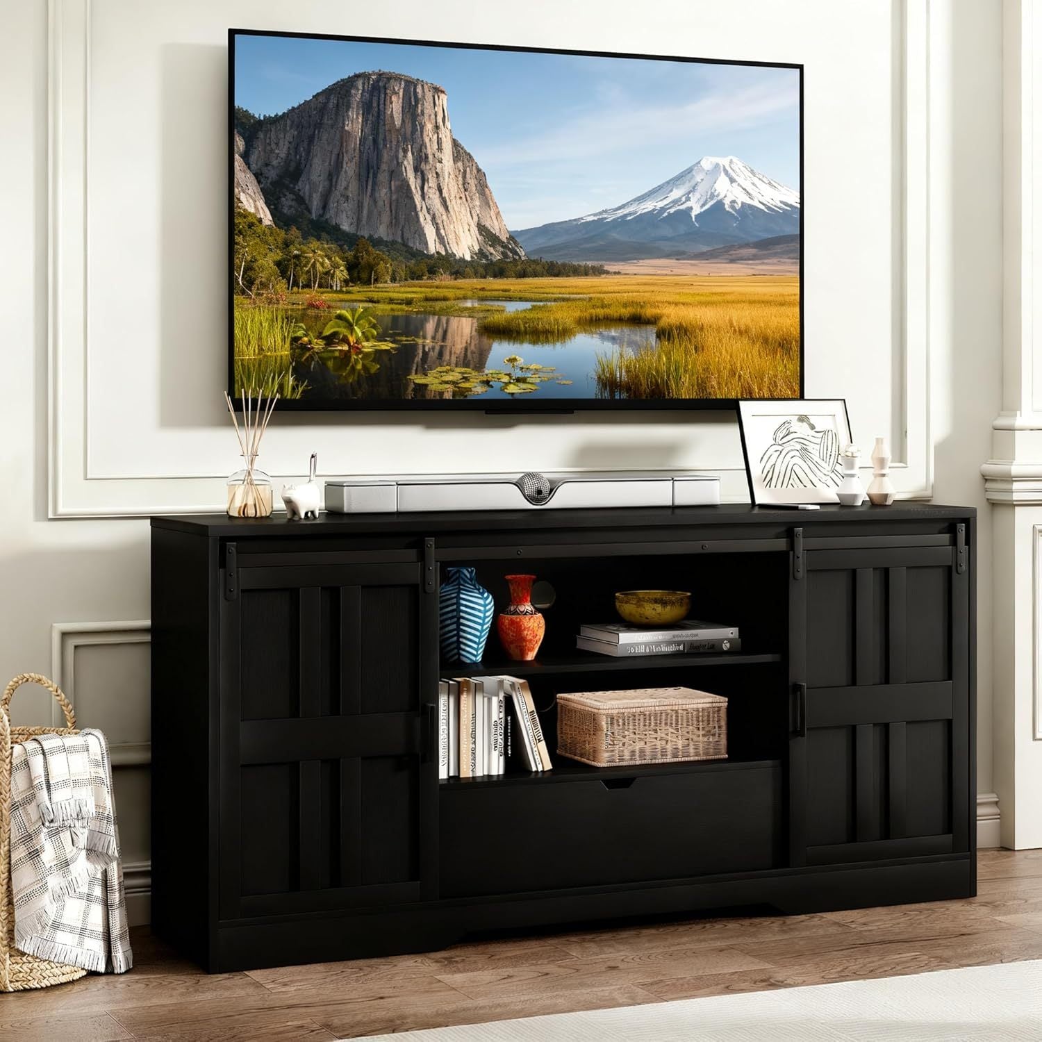 TV Stand for 65 Inch TV, Mid Century Modern Entertainment Center with Sliding Barn Doors, Black