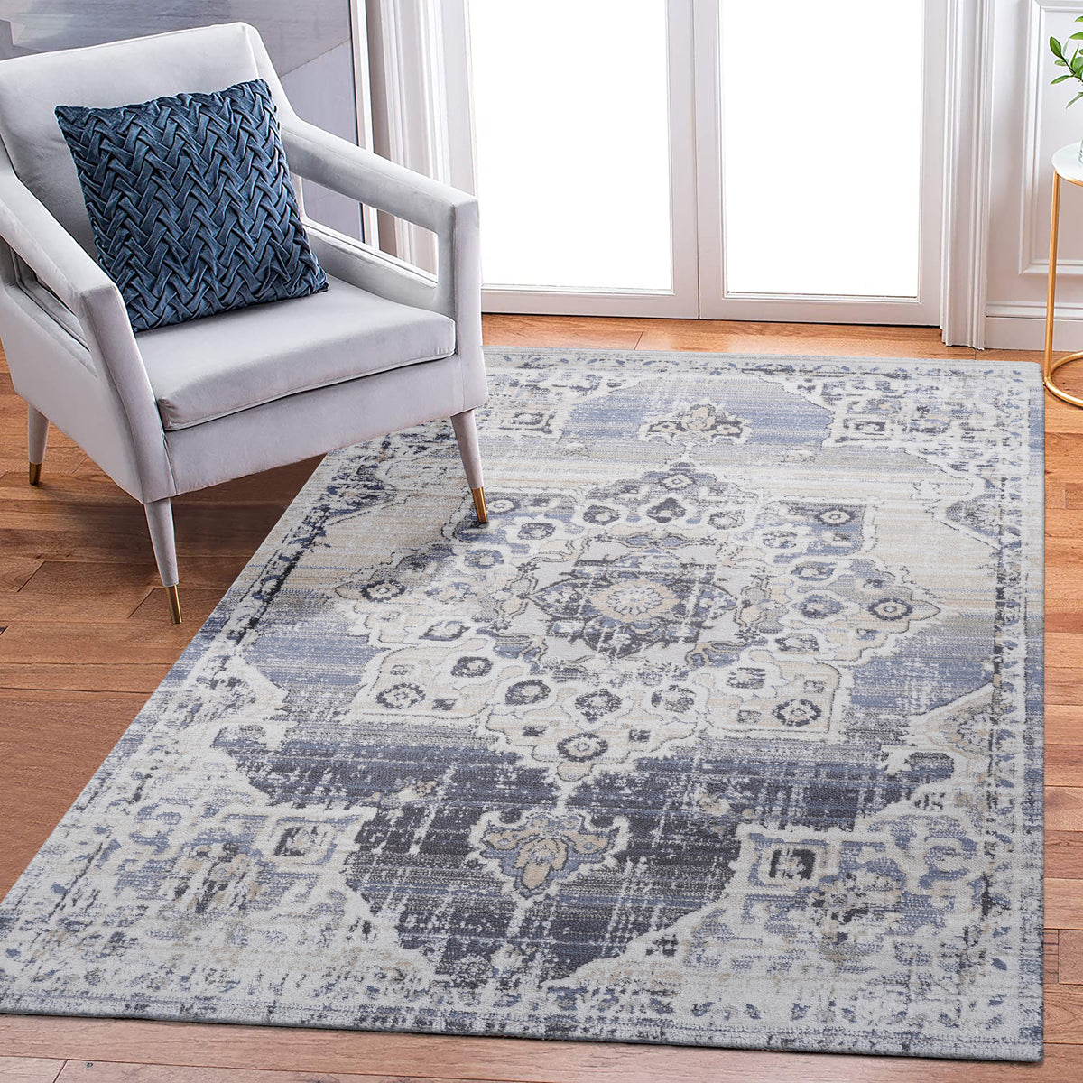 LOOM & LUXE Collection 8X10 Cream/Blue /Medallion Non-Shedding Living Room Bedroom Dining Home Office Stylish and Stain Resistant Area Rug