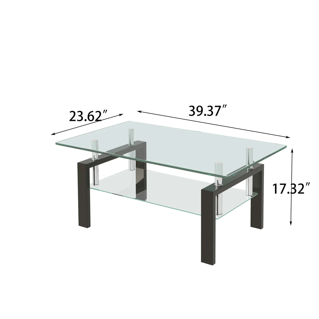 Modern Tempered Clear Glass Coffee Table with 2-Layers and Waterfall Edges for Living Room - Eloy Royal