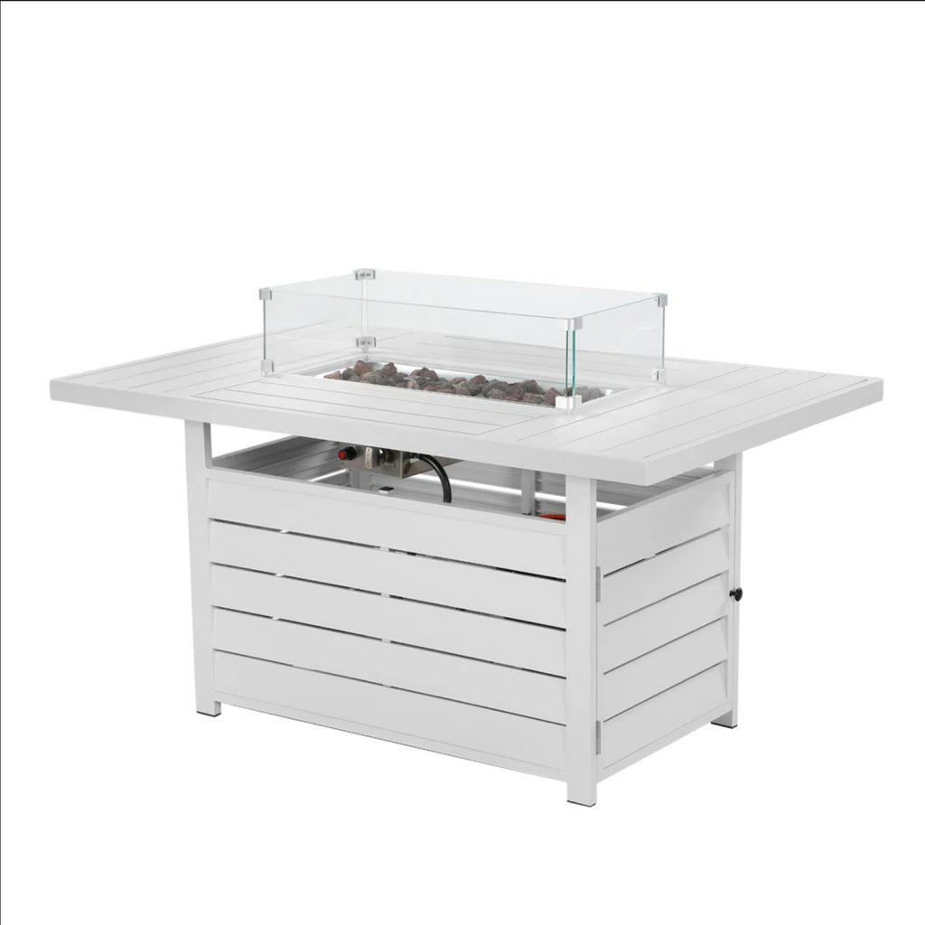 54.3 Inches Rectangular White Aluminum Propane Fire Pit Table with Stainless Burner, Lava Rock, Waterproof Cover