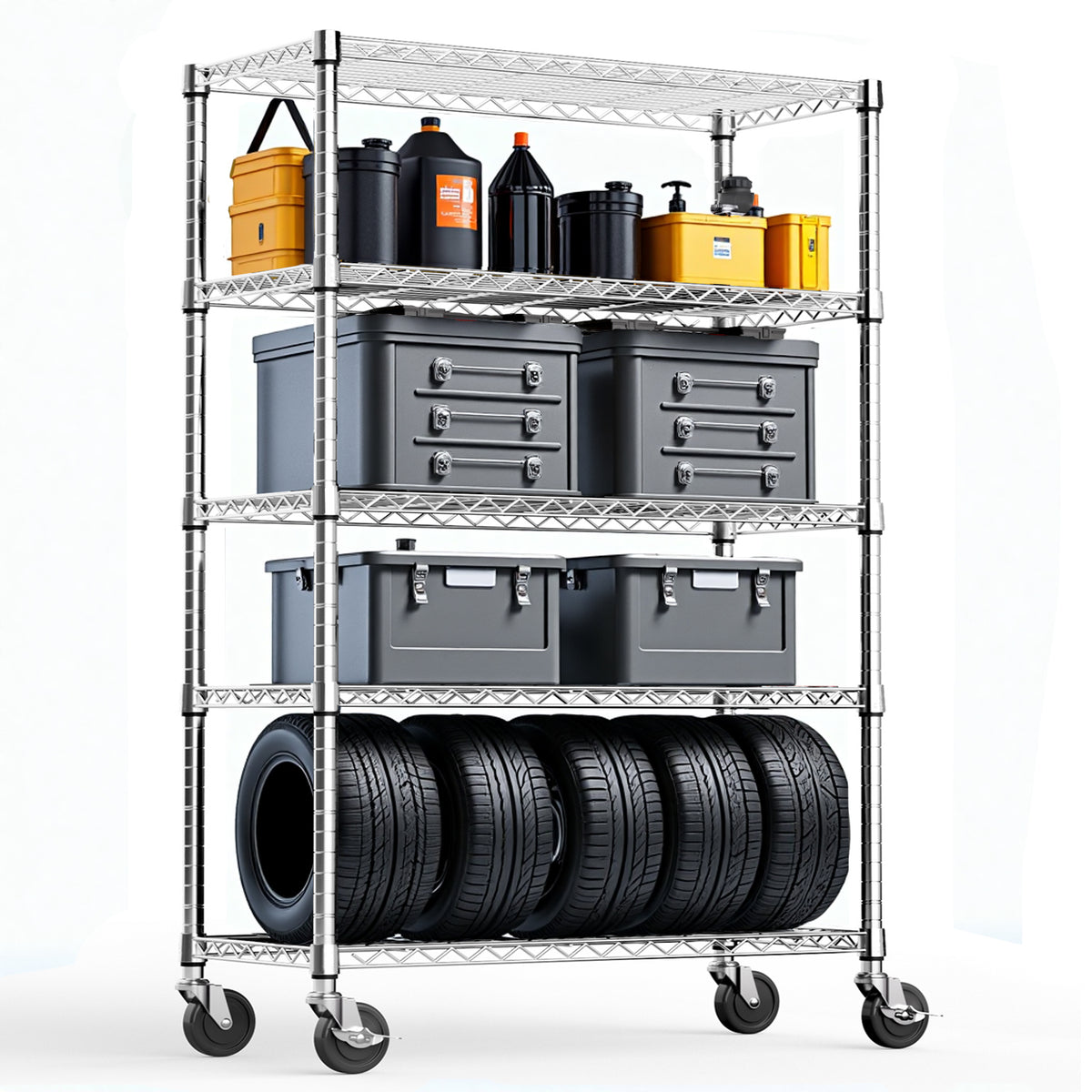 5-Shelf Storage Shelves,Wire Shelving Heavy Duty Metal Storage Shelving Unit Adjustable Garage Shelving Rack Pantry Kitchen (Chrome, 5 Tier,17.7' D x 47.2' W x 75.6' H)