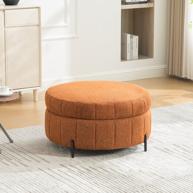 31.3'W Upholstered Round Ottoman With Reversible Lid, Chenille Storage Stool, Channel Tufted Pumpkin-shape Footstool for Living room, Bedroom and Office, Orange
