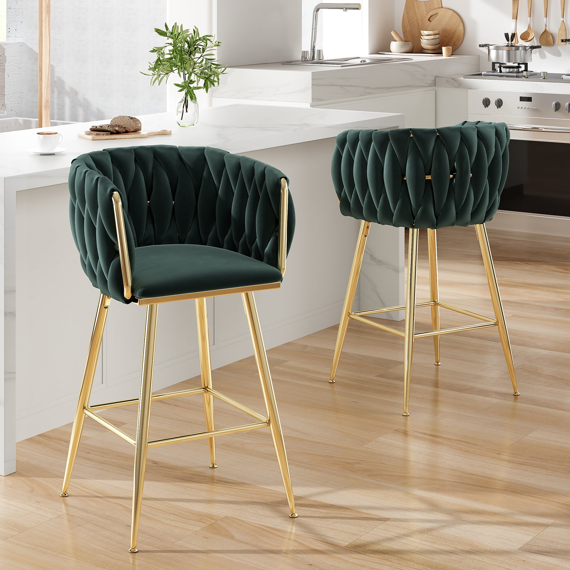 Counter Height Bar Stools Set of 2, 26 Inch Modern Mid-Century Kitchen Island Stools with Backs & Metal Legs
