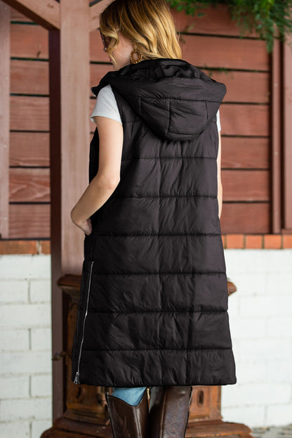 Black Hooded Pocketed Quilted Long Vest Coat - Eloy Royal