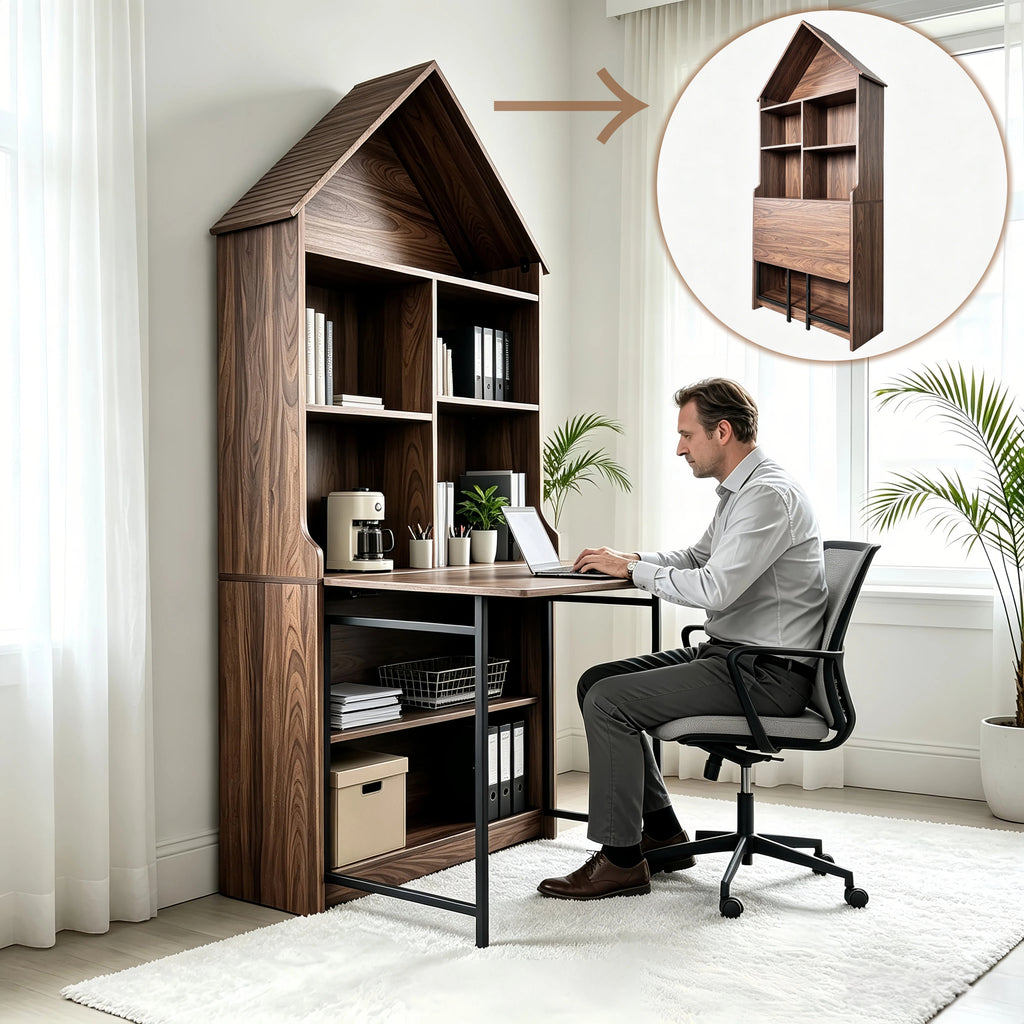 Folding Craft Desk with Storage Shelves, Convertible Hideaway Desk to Bookshelf, Foldable Desk with Storage, Disappearing Desk for Small Spaces, Multifunctional Converted Craft Table, Vanity Desk