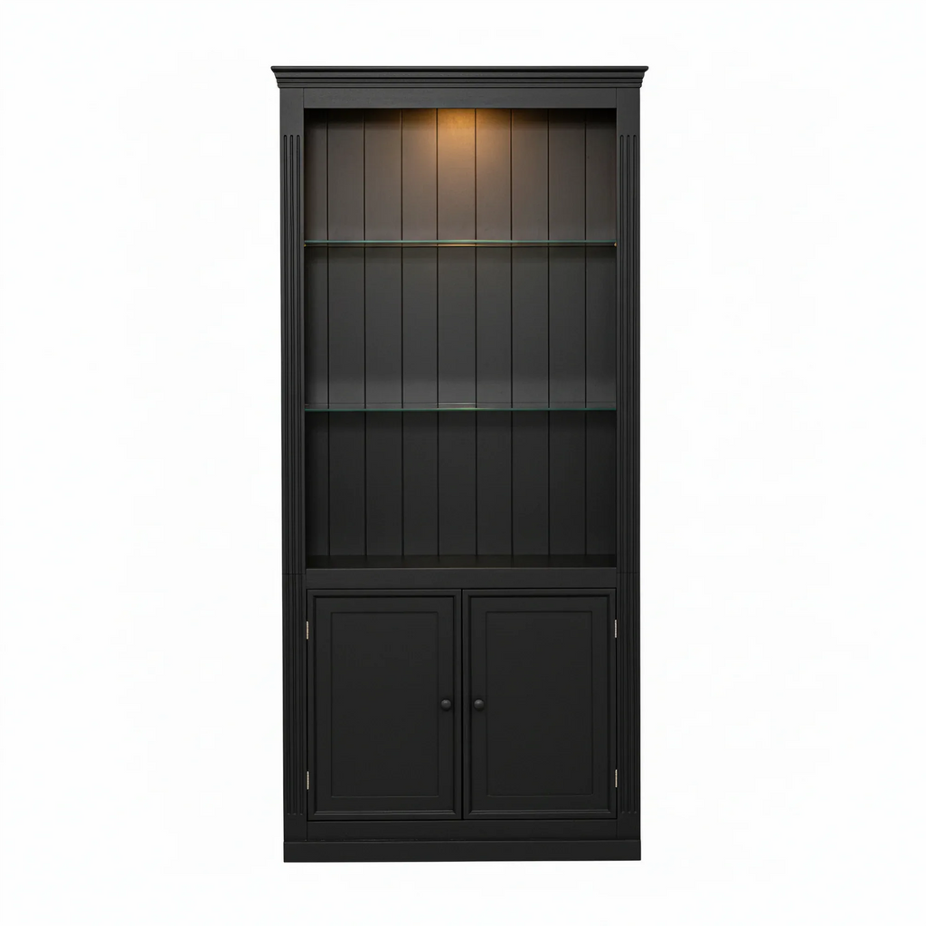 78.75''H 4-Tier Display Shelf, with 5-Colors Dimmable Ceiling Light, Freestanding Farmhouse Bookcases with Storage & Doors, Bookshelf with Adjustable Glass Shelves for Home & Office - Black - Eloy Royal