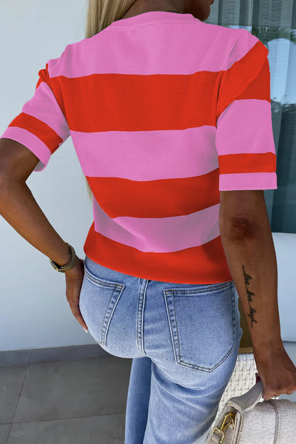 Bright Pink Colorblock Knitted Round Neck T Shirt - Eloy Royal