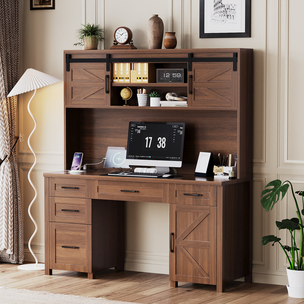 Farmhouse Executive Desk with Hutch and Charging Station, Computer Desk with 2 Sliding Barn Doors, 5 Drawers & Storage Cabinet with 3-Position Adjustable Shelf, Desk for Home Office, Bedroom, Walnut