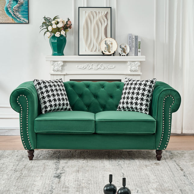 65'Chesterfield ‌velvet upholstery fabric Sofa with Roll Armrest & Nailhead,Upholstered Mid Century Modern Couch,2 Seater Couch for Living Room, Office, Apartment, Green
