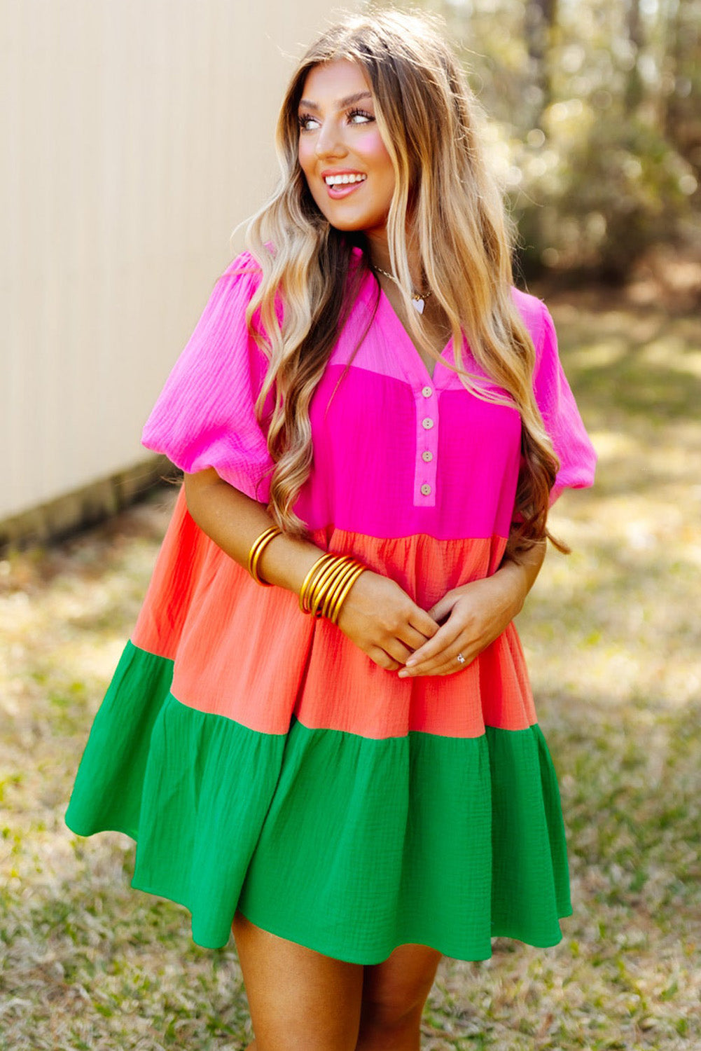 Multicolor Color Block Tiered Puff Sleeve Dress - Eloy Royal