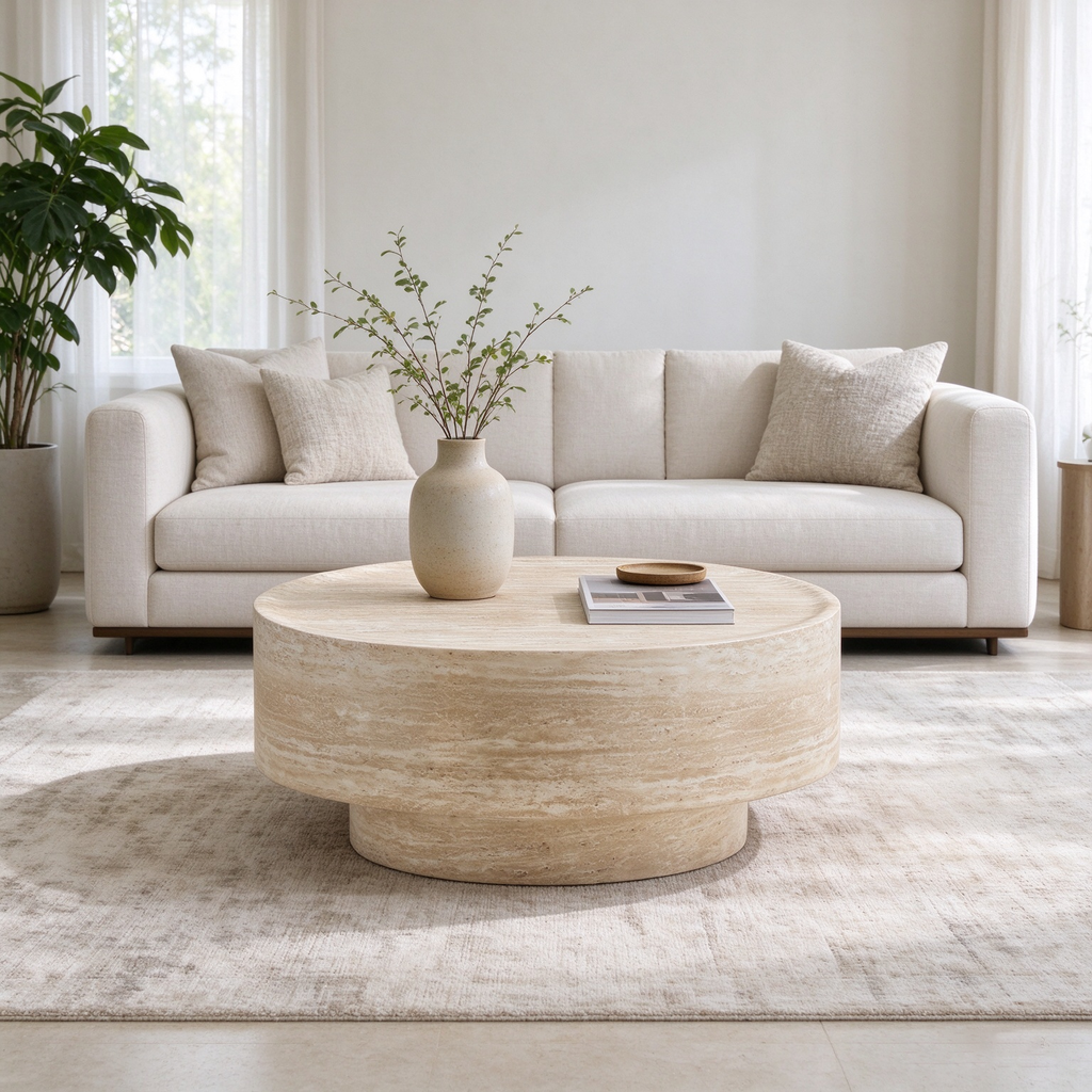 Round Yellow Travertine Coffee Table 31.5' Ideal For Living Room, Sofa Side Or Reading Nook