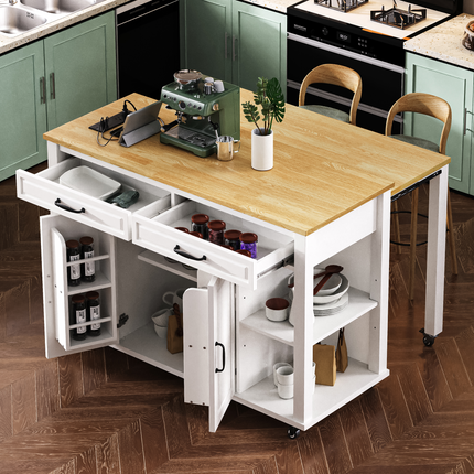 K&K Kitchen Island with Extendable Dining Table with Rubber Wood Veneer Kitchen