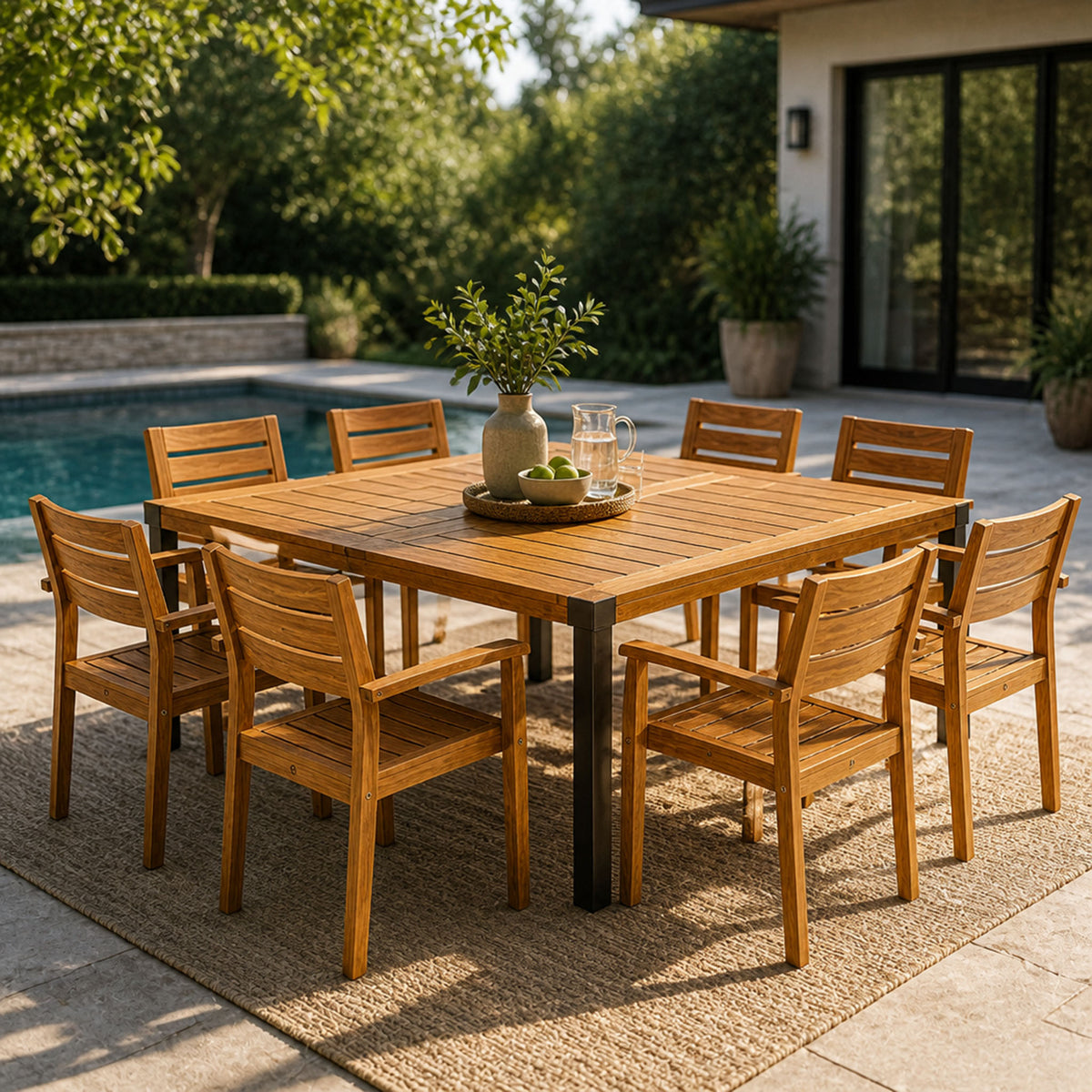 9‑Piece Acacia Wood Outdoor Dining Set, Teak Finish, 64' Square Slatted Patio Dining Table with Metal Legs, 8 Slatted Arm Chairs, Wooden Furniture for Backyard, Garden & Deck