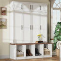 Farmhouse Hall Tree with 4 Hidden Hanging Hooks, Versatile Walnut Seating Bench with 8 Doors, Entryway Shoe Cabinet with Open Compartment for Living Room, White (OLD SKU:N721S000059K)